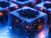 Glowing futuristic cube with intricate fractal patterns in blue and orange tones creates mysterious sci-fi atmosphere against dark background. Suitable for tech concepts.