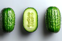 Fresh green cucumbers arranged in row, one sliced in half showing crisp inner texture and seeds on light background. Minimalist food photography for healthy eating concept.
