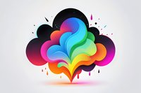 Vibrant rainbow colored abstract cloud shape with flowing curves and gradient effects against light background, featuring dynamic splashes and drops for modern design projects.