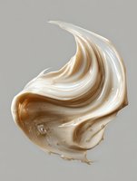 Swirling cream colored cosmetic texture with glossy surface and smooth flowing curves against gray background, suitable for beauty product advertising.