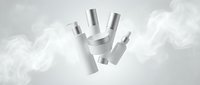 White cosmetic tubes and bottles floating on soft gray background with geometric shadows for skincare product mockup and branding design.