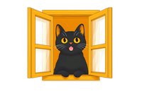Cute black cat with yellow eyes and pink tongue peeking through open wooden window frame on white isolated background, ready for design projects and merchandise.