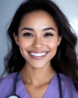 Young mixed-race female healthcare worker in purple scrubs with stethoscope smiling warmly at camera showing confidence and professionalism in medical setting.