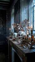 Gothic Halloween decoration with ornate skulls, autumn leaves and candles on wooden table in medieval stone interior for spooky seasonal design.