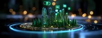 Futuristic green glowing city skyline with holographic interface and bokeh lights, miniature smart metropolis model on circular platform with neon elements.