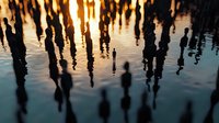 Silhouettes of people standing in reflective water at sunset, creating mirror-like reflections against golden light. Mysterious crowd scene with dramatic atmosphere.