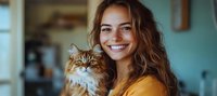 Young woman with long brown wavy hair wearing yellow sweater holds fluffy ginger Maine Coon cat while smiling warmly at home, lifestyle portrait with natural lighting.