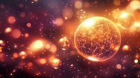 Glowing spheres with connected dots pattern floating in cosmic space with orange bokeh lights and sparkles create futuristic network visualization background.