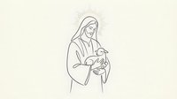 Minimalist line art of Virgin Mary holding baby Jesus with radiant halo, spiritual motherhood concept for religious designs and Christian faith materials.