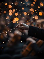 Orchestra conductor's hand with baton against blurred background of warm bokeh lights and violin sections, creating magical atmosphere at classical concert.