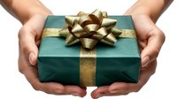 Hands holding elegant teal gift box with golden ribbon and bow, perfect for holidays, birthdays, celebrations and special occasions.