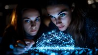 Young women looking at glowing blue holographic projection in dark room, magical fantasy technology concept with mysterious light illuminating faces.
