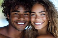Young diverse couple with bright white smiles and natural wavy hair posing close together in casual summer portrait showing genuine joy and connection.