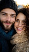 Happy young Caucasian couple in winter clothing smiling together outdoors during golden hour sunset with warm knit scarves and beanie hat.
