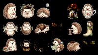 Cute hedgehog clipart set isolated on transparent background, featuring woodland scenes, mushrooms, and seasonal elements, ready for stickers, t-shirt design, and print on demand.
