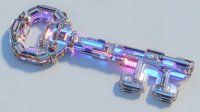 Futuristic crystal key with glowing purple and blue light effects on white background, symbolizing digital security and access control.