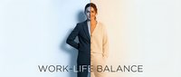 Professional businesswoman in split black and beige suit representing work-life balance concept for corporate wellness and career development presentations.