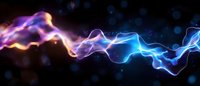 Vibrant energy wave with glowing pink and blue light effects flowing through dark space, creating dynamic motion trail against black background with bokeh elements.