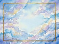 Watercolor sky background with ornate golden frame and fluffy clouds in pastel blue purple hues for wedding invitations greeting cards artistic projects.