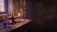 Ancient oil lamp glowing on wooden table with mystical atmosphere and warm candlelight creating magical ambiance for meditation and spiritual practices.