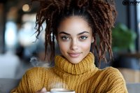 Young African American woman with natural dreadlocks and bright smile wearing yellow turtleneck sweater holding coffee cup in cafe, lifestyle portrait with bokeh background.