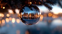 Festive Christmas ornament reflecting historic European architecture with warm bokeh lights creating magical holiday atmosphere for seasonal celebrations.