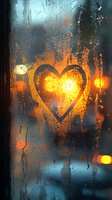 Heart drawn on rainy window with glowing street lights creating romantic bokeh effect through water drops, moody evening atmosphere for Valentine's day designs.