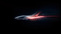 Futuristic abstract light trails forming dynamic airplane silhouette with glowing particles and motion blur effect against dark background.