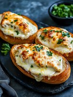 Freshly baked pretzel boats filled with creamy cheese sauce and melted mozzarella, garnished with chopped parsley on dark slate background. Appetizing comfort food.