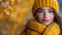 Young woman wearing yellow knitted beanie and scarf smiling at camera with autumn foliage background creating seasonal mood and warm atmosphere.