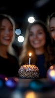 Birthday cake with single candle and blurred friends celebrating in background with bokeh lights creating festive party atmosphere for special occasion.