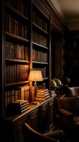 Elegant vintage library interior with wooden bookshelves filled with antique leather-bound books, warm lamp lighting creating cozy academic atmosphere for reading.