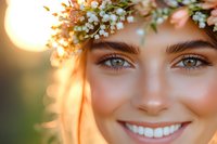 Young Caucasian woman with bright smile wearing floral crown against sunset light. Natural makeup, green eyes and glowing skin create romantic spring mood.