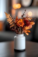 Autumn floral arrangement with orange and burgundy dahlias, dried fern leaves in white ceramic vase against blurred bokeh background, moody fall atmosphere.