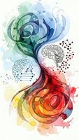 Abstract watercolor brain illustration with flowing colorful swirls and neural network patterns representing creativity, intelligence and mental processes.