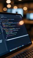 Software developer coding on laptop with programming code on screen in modern office environment with warm bokeh lighting background.