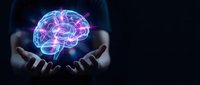 Glowing digital brain with neural networks floating above open hands on dark background for artificial intelligence and neuroscience concepts.