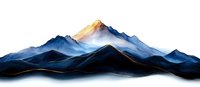 Majestic mountain peaks at sunrise with golden light touching summit, layered blue ridges fade into misty distance against white background, isolated design element.