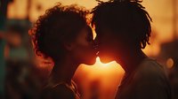 Romantic couple silhouette kissing at golden hour sunset with warm bokeh lights creating intimate atmosphere for love and relationship concepts.