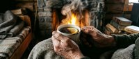 Elderly person with wrinkled hands holding warm beverage cup near fireplace with burning logs, cozy winter scene for relaxation and comfort themes.