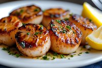 Pan-seared sea scallops with caramelized golden crust, garnished with fresh herbs and lemon wedges served on white plate, close up view of gourmet seafood dish.