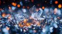 Dramatic macro shot of ice crystals with glowing orange bokeh lights creating magical winter atmosphere against dark background. Frozen fragments catch light.