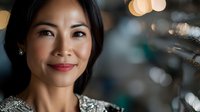 Young Asian woman with warm genuine smile and professional appearance against blurred bokeh background, wearing business attire and natural makeup for corporate headshot.