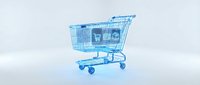 Blue wireframe shopping cart on white background isolated for retail and ecommerce design concepts.