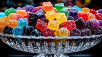 Colorful sugar coated gummy candy pieces in crystal glass bowl. Assorted fruit flavored jelly sweets with bright colors and sparkly sugar coating.
