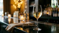 Glass of white wine on elegant bar counter with warm bokeh lights creating sophisticated restaurant atmosphere for dining and entertainment.