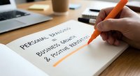 Personal branding business goals and positive identity planning concept with hand writing motivational text on paper at modern workspace.