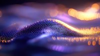 Abstract digital wave made of glowing particles with purple and orange bokeh lights creating futuristic data visualization background for technology presentations.