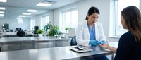 Female doctor in white coat consulting with patient in modern medical office setting for healthcare communication and professional medical advice.