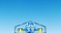 Futuristic blue and silver metallic structure with glowing neon accents against clear sky, featuring symmetrical design with illuminated elements for sci-fi, technology, and modern architecture concepts.
